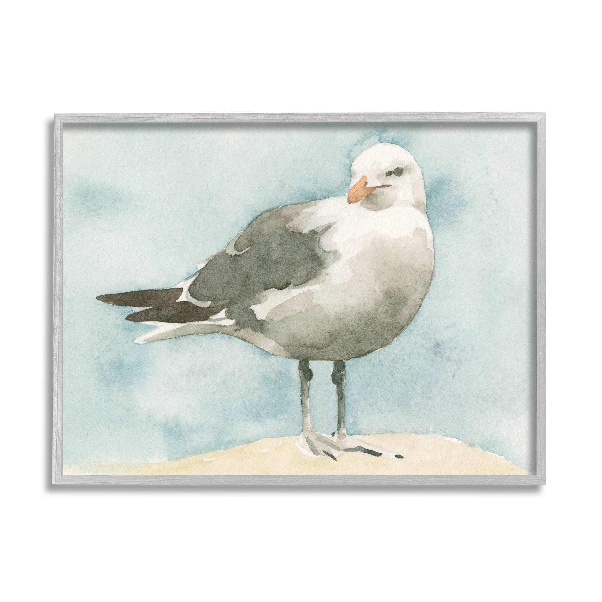 Stupell Industries Soft Focus Seagull On Waterfront Beige Blue in Gray Frame Wall Art